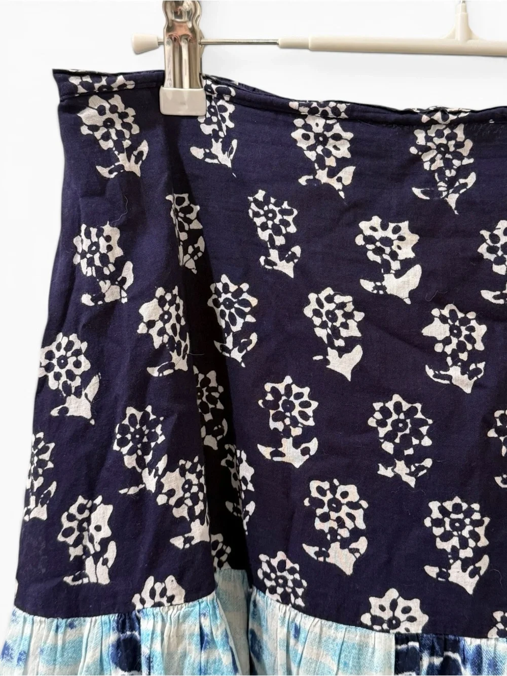 Blue Patchwork Floral Block Print Shibori Tie Dye Midi Skirt L - Picture 3 of 7